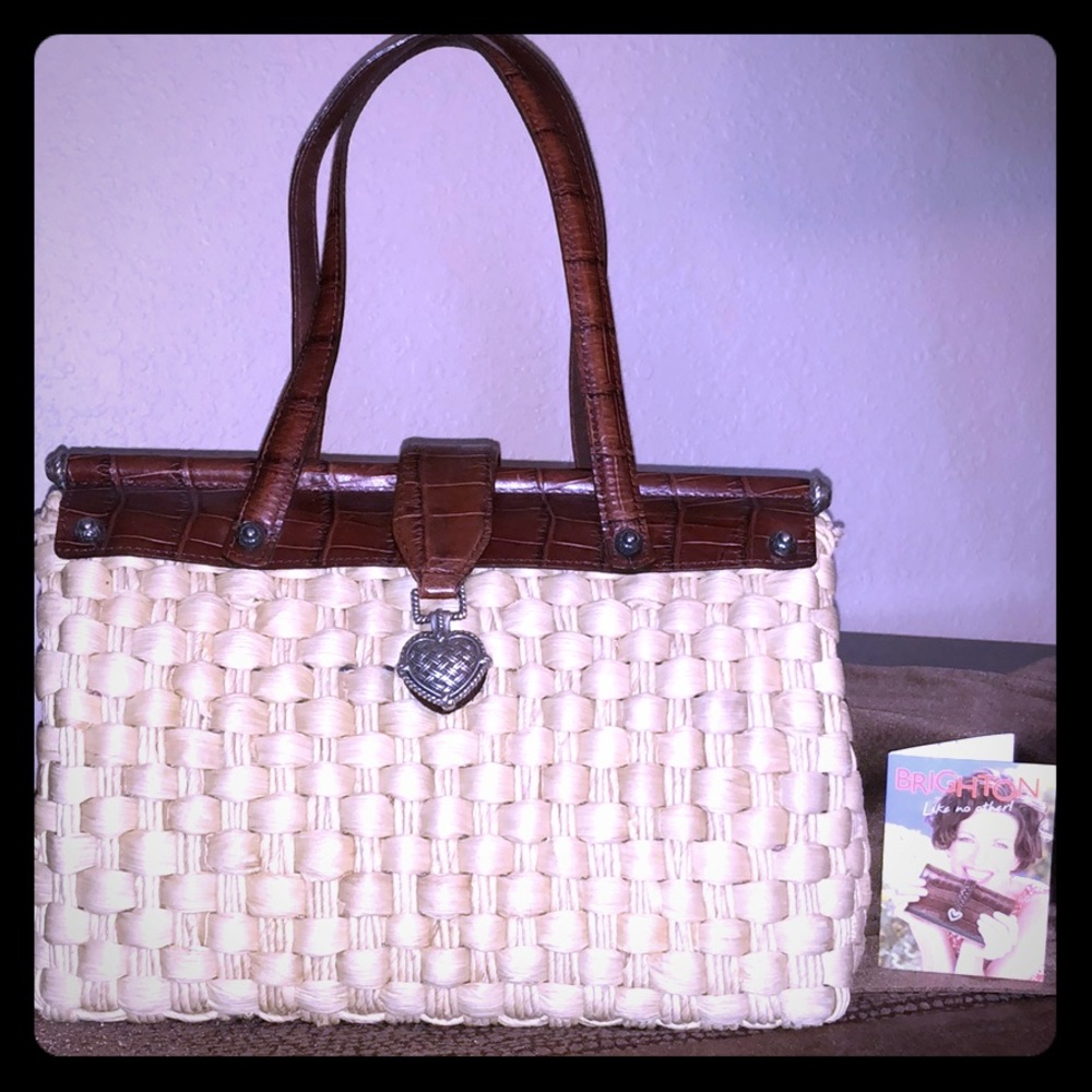 Brighton straw/ mock crock cognac leather satchel